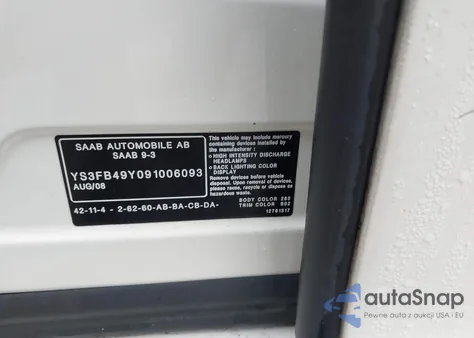 2009 Saab 9-3 2.0T from USA, damaged, VIN YS3FB49Y091006093